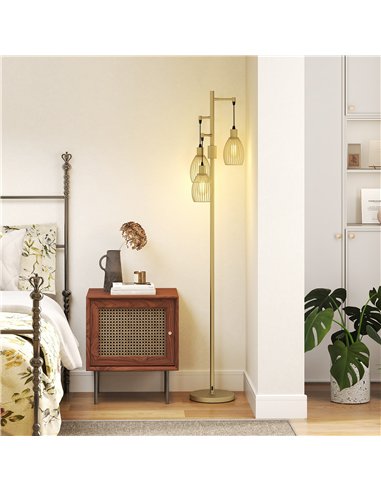 HOMCOM 170.5cm Industrial Dimmable Standing Lamp, 3-Light Floor Lamp with Steel Wire Cage Lampshades, Gold Tone