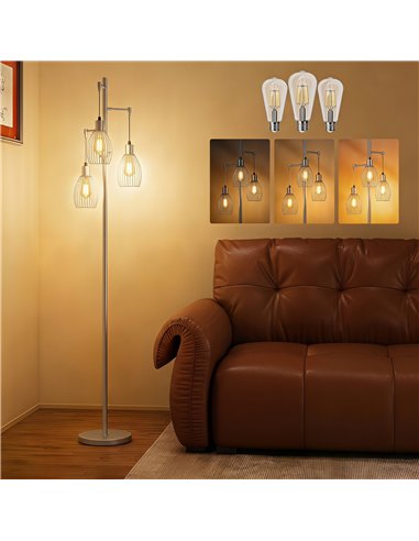 HOMCOM 170.5cm Industrial Dimmable Standing Lamp, 3-Light Floor Lamp with Steel Wire Cage Lampshades, Silver Tone
