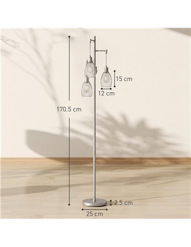 HOMCOM 170.5cm Industrial Dimmable Standing Lamp, 3-Light Floor Lamp with Steel Wire Cage Lampshades, Silver Tone