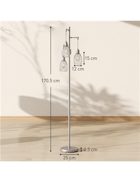 HOMCOM 170.5cm Industrial Dimmable Standing Lamp, 3-Light Floor Lamp with Steel Wire Cage Lampshades, Silver Tone - pic 209297 | FastDaddyshop