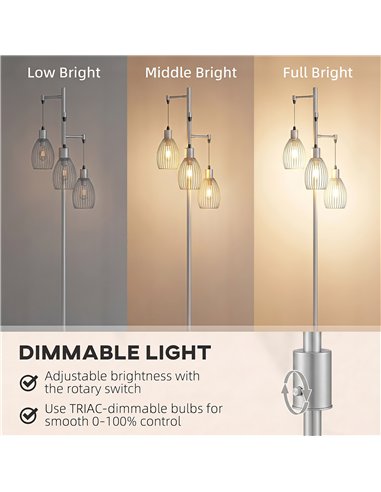 HOMCOM 170.5cm Industrial Dimmable Standing Lamp, 3-Light Floor Lamp with Steel Wire Cage Lampshades, Silver Tone