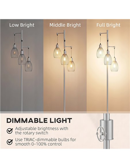 HOMCOM 170.5cm Industrial Dimmable Standing Lamp, 3-Light Floor Lamp with Steel Wire Cage Lampshades, Silver Tone - pic 209298 | FastDaddyshop