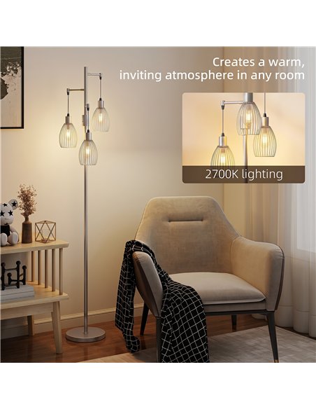 HOMCOM 170.5cm Industrial Dimmable Standing Lamp, 3-Light Floor Lamp with Steel Wire Cage Lampshades, Silver Tone - pic 209299 | FastDaddyshop