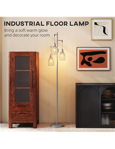 HOMCOM 170.5cm Industrial Dimmable Standing Lamp, 3-Light Floor Lamp with Steel Wire Cage Lampshades, Silver Tone