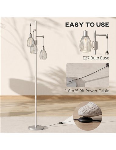 HOMCOM 170.5cm Industrial Dimmable Standing Lamp, 3-Light Floor Lamp with Steel Wire Cage Lampshades, Silver Tone