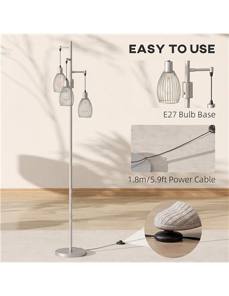 HOMCOM 170.5cm Industrial Dimmable Standing Lamp, 3-Light Floor Lamp with Steel Wire Cage Lampshades, Silver Tone - pic 209301 | FastDaddyshop