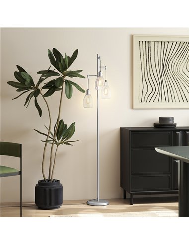HOMCOM 170.5cm Industrial Dimmable Standing Lamp, 3-Light Floor Lamp with Steel Wire Cage Lampshades, Silver Tone