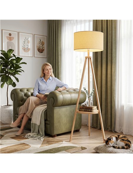 HOMCOM Bedside Light, Tripod Floor Lamp with Storage Shelf and Linen Shade for Living Room, 160cm, Natural Wood Colour - pic 209323 | FastDaddyshop