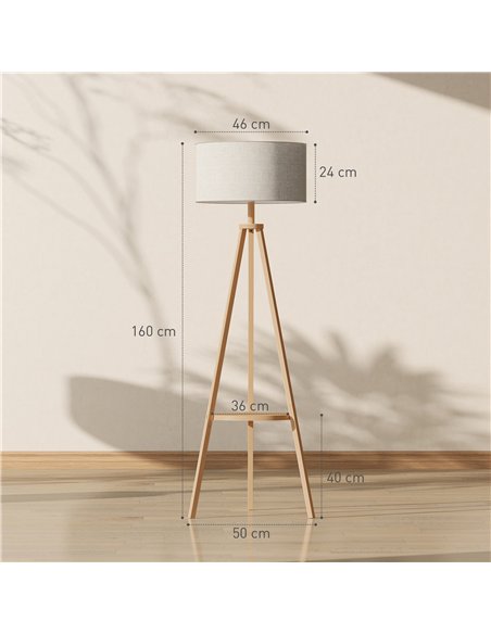 HOMCOM Bedside Light, Tripod Floor Lamp with Storage Shelf and Linen Shade for Living Room, 160cm, Natural Wood Colour - pic 209324 | FastDaddyshop