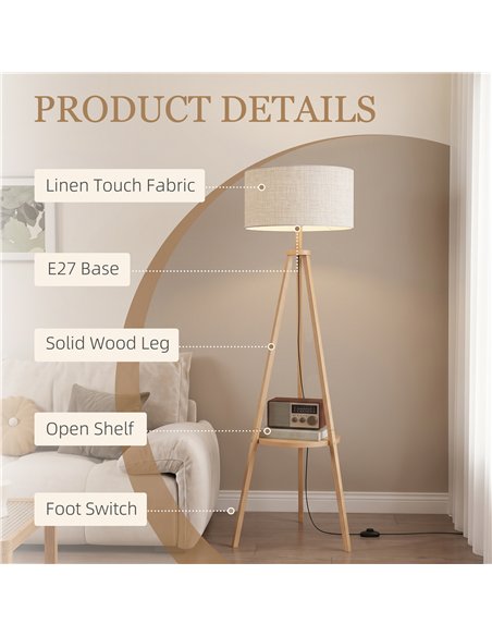 HOMCOM Bedside Light, Tripod Floor Lamp with Storage Shelf and Linen Shade for Living Room, 160cm, Natural Wood Colour - pic 209325 | FastDaddyshop