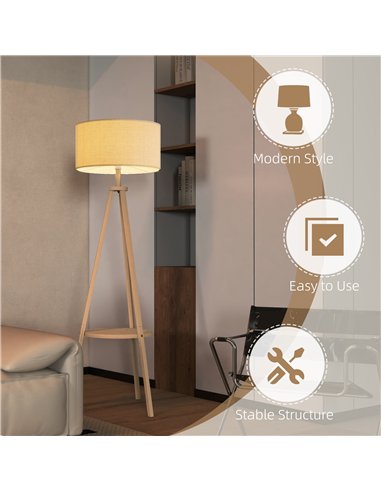 HOMCOM Bedside Light, Tripod Floor Lamp with Storage Shelf and Linen Shade for Living Room, 160cm, Natural Wood Colour