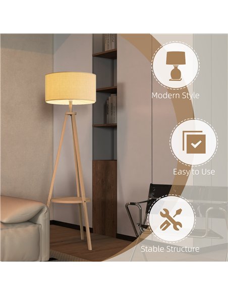 HOMCOM Bedside Light, Tripod Floor Lamp with Storage Shelf and Linen Shade for Living Room, 160cm, Natural Wood Colour - pic 209326 | FastDaddyshop