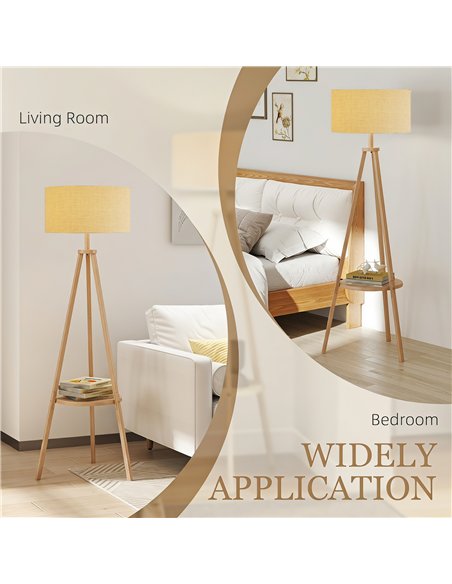 HOMCOM Bedside Light, Tripod Floor Lamp with Storage Shelf and Linen Shade for Living Room, 160cm, Natural Wood Colour - pic 209327 | FastDaddyshop