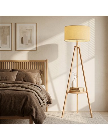 HOMCOM Bedside Light, Tripod Floor Lamp with Storage Shelf and Linen Shade for Living Room, 160cm, Natural Wood Colour