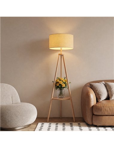 HOMCOM Bedside Light, Tripod Floor Lamp with Storage Shelf and Linen Shade for Living Room, 160cm, Natural Wood Colour