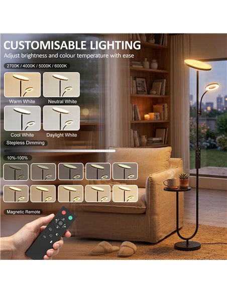 HOMCOM Uplighter Floor Lamp with Table and Reading Light, Dual Light Dimmable Standing Lamp with Remote & 4 Colour Temperatures - pic 209345 | FastDaddyshop