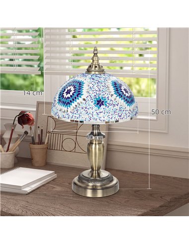 HOMCOM 30cm Tiffany Lamp, Stained Glass Bedside Table Lamp with Button Switch and Metal Base, Blue