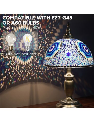 HOMCOM 30cm Tiffany Lamp, Stained Glass Bedside Table Lamp with Button Switch and Metal Base, Blue