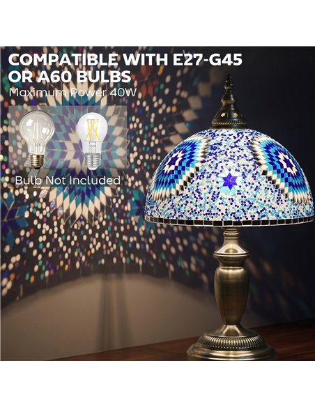 HOMCOM 30cm Tiffany Lamp, Stained Glass Bedside Table Lamp with Button Switch and Metal Base, Blue - pic 209354 | FastDaddyshop