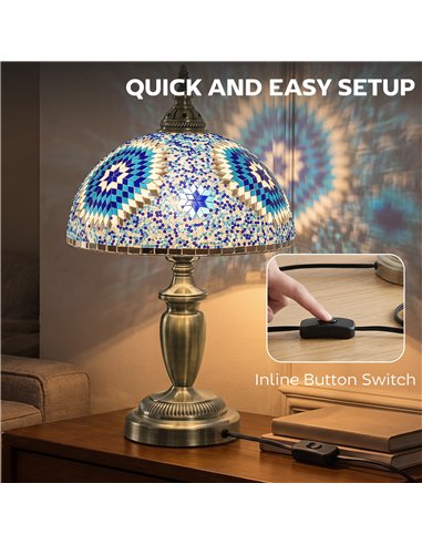 HOMCOM 30cm Tiffany Lamp, Stained Glass Bedside Table Lamp with Button Switch and Metal Base, Blue