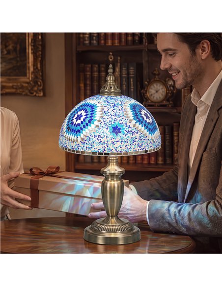 HOMCOM 30cm Tiffany Lamp, Stained Glass Bedside Table Lamp with Button Switch and Metal Base, Blue - pic 209356 | FastDaddyshop