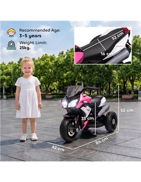 HOMCOM Kids Electric Motorcycle, 6V Ride on Motorcycle with 3 Wheels, LED Headlight, Music, Horn for Boys Girls 3-5 Y, Pink - pic 209369 | FastDaddyshop
