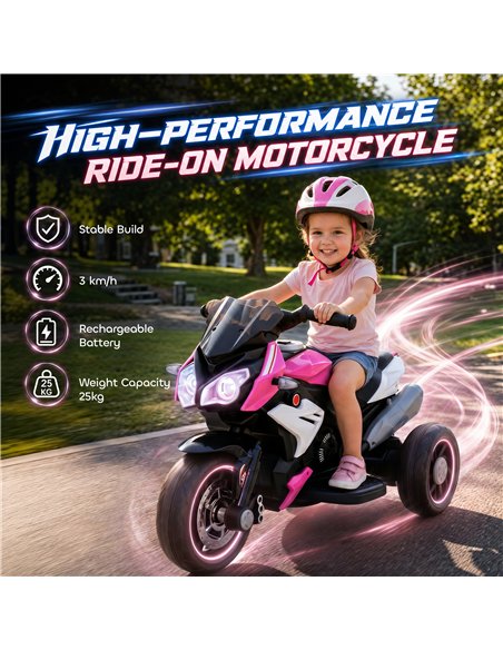 HOMCOM Kids Electric Motorcycle, 6V Ride on Motorcycle with 3 Wheels, LED Headlight, Music, Horn for Boys Girls 3-5 Y, Pink - pic 209371 | FastDaddyshop