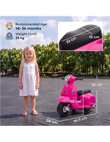 HOMCOM Vespa Licensed 6V Kids Electric Motorbike Ride On Motorcycle  Battery Powered for 18-36 Months with Horn, Pink