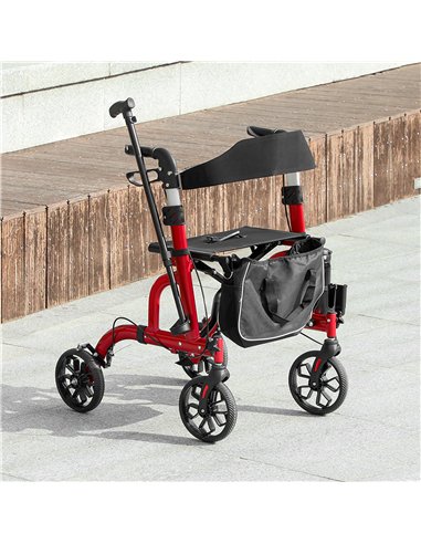HOMCOM Lightweight Walking Frame, Folding Rollator Walker with Seat and Backrest, Red