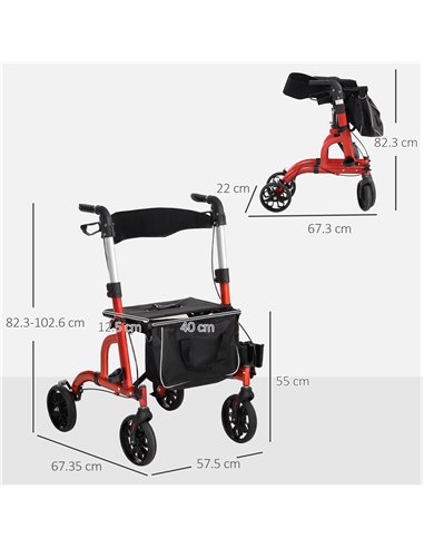 HOMCOM Lightweight Walking Frame, Folding Rollator Walker with Seat and Backrest, Red