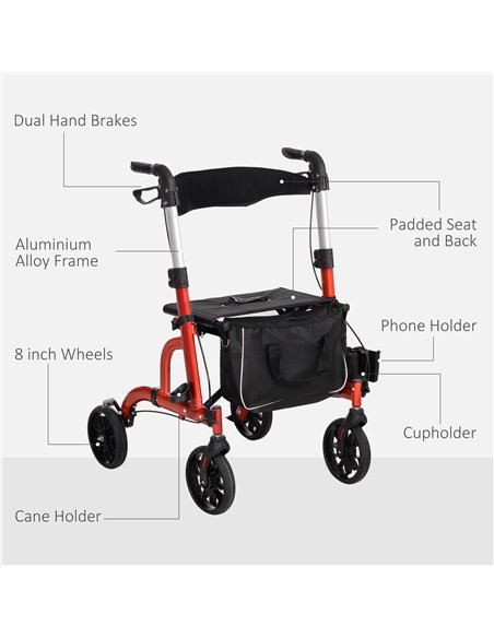 HOMCOM Lightweight Walking Frame, Folding Rollator Walker with Seat and Backrest, Red - pic 209416 | FastDaddyshop