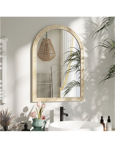 HOMCOM Arched Wall Mirror with Grooved Edge & Hooks, Wall-Mounted Mirror, Modern Tempered Glass & Polystyrene Beige