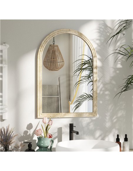HOMCOM Arched Wall Mirror with Grooved Edge & Hooks, Wall-Mounted Mirror, Modern Tempered Glass & Polystyrene Beige - pic 209431 | FastDaddyshop