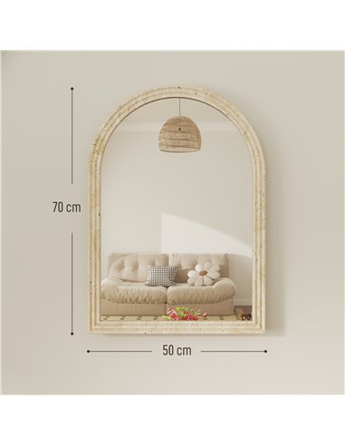 HOMCOM Arched Wall Mirror with Grooved Edge & Hooks, Wall-Mounted Mirror, Modern Tempered Glass & Polystyrene Beige