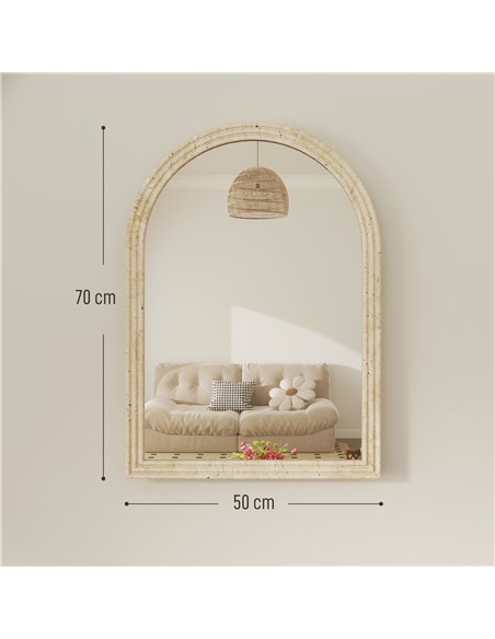 HOMCOM Arched Wall Mirror with Grooved Edge & Hooks, Wall-Mounted Mirror, Modern Tempered Glass & Polystyrene Beige - pic 209432 | FastDaddyshop