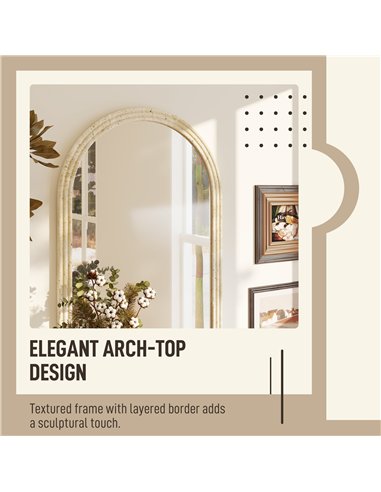 HOMCOM Arched Wall Mirror with Grooved Edge & Hooks, Wall-Mounted Mirror, Modern Tempered Glass & Polystyrene Beige