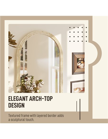 HOMCOM Arched Wall Mirror with Grooved Edge & Hooks, Wall-Mounted Mirror, Modern Tempered Glass & Polystyrene Beige - pic 209433 | FastDaddyshop