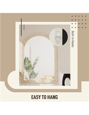 HOMCOM Arched Wall Mirror with Grooved Edge & Hooks, Wall-Mounted Mirror, Modern Tempered Glass & Polystyrene Beige
