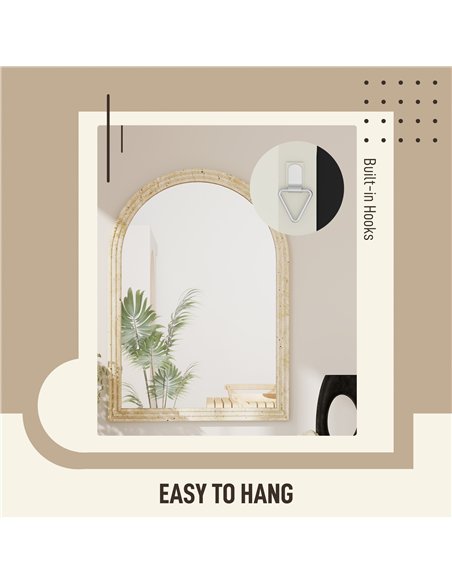 HOMCOM Arched Wall Mirror with Grooved Edge & Hooks, Wall-Mounted Mirror, Modern Tempered Glass & Polystyrene Beige - pic 209434 | FastDaddyshop