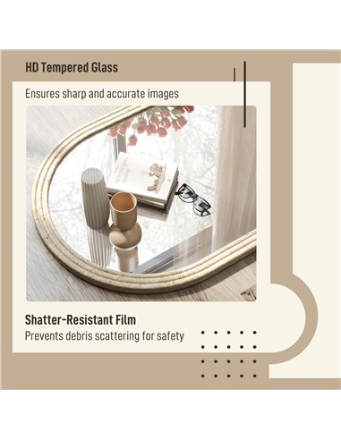 HOMCOM Arched Wall Mirror with Grooved Edge & Hooks, Wall-Mounted Mirror, Modern Tempered Glass & Polystyrene Beige