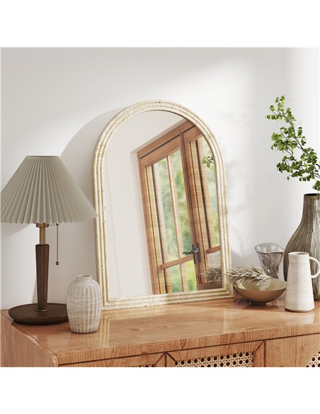 HOMCOM Arched Wall Mirror with Grooved Edge & Hooks, Wall-Mounted Mirror, Modern Tempered Glass & Polystyrene Beige - pic 209436 | FastDaddyshop