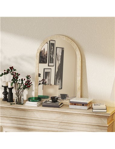 HOMCOM Arched Wall Mirror with Grooved Edge & Hooks, Wall-Mounted Mirror, Modern Tempered Glass & Polystyrene Beige