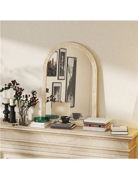 HOMCOM Arched Wall Mirror with Grooved Edge & Hooks, Wall-Mounted Mirror, Modern Tempered Glass & Polystyrene Beige - pic 209437 | FastDaddyshop