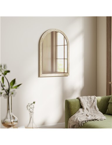 HOMCOM Arched Wall Mirror with Grooved Edge & Hooks, Wall-Mounted Mirror, Modern Tempered Glass & Polystyrene Beige