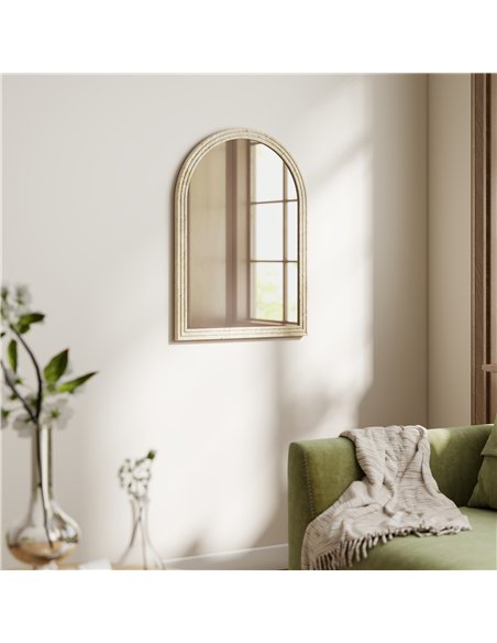 HOMCOM Arched Wall Mirror with Grooved Edge & Hooks, Wall-Mounted Mirror, Modern Tempered Glass & Polystyrene Beige - pic 209438 | FastDaddyshop