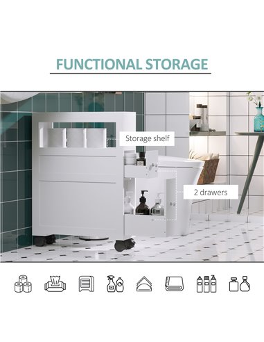 HOMCOM MDF Narrow Rolling Bathroom Side Cabinet, White