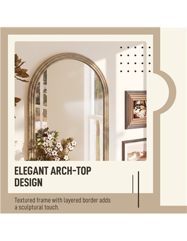 HOMCOM Modern Wall-Mounted Mirror, Arched Wall Mirror with Grooved Edge for Living Room, Entryway, Hallway, Brown
