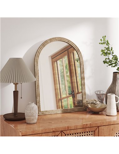 HOMCOM Modern Wall-Mounted Mirror, Arched Wall Mirror with Grooved Edge for Living Room, Entryway, Hallway, Brown