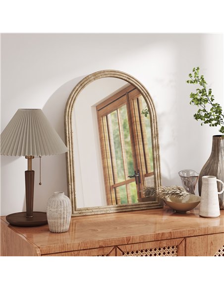 HOMCOM Modern Wall-Mounted Mirror, Arched Wall Mirror with Grooved Edge for Living Room, Entryway, Hallway, Brown - pic 209445 | FastDaddyshop