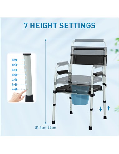 HOMCOM Commode Chair for Elderly with Arms and Back, Lightweight Non-Slip Commode w/ Removable Bucket, Height Adjustable, Black